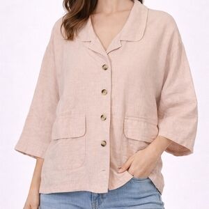 The Lullaby Club Women's Pink Button-Up Linen Top Small Medium Large XL Pale